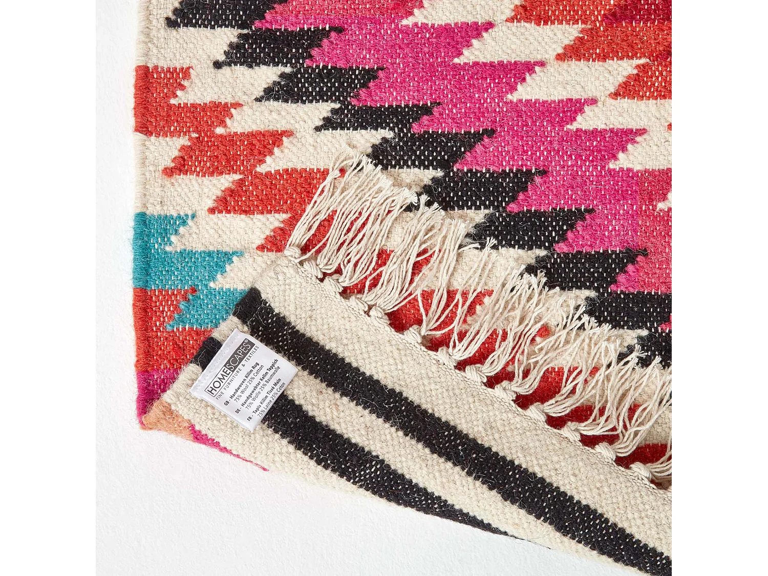 Homescapes Manila Handwoven Pink, Orange and White Multi Coloured Diamond Patterned Kilim Wool Rug, 120 x 170 cm