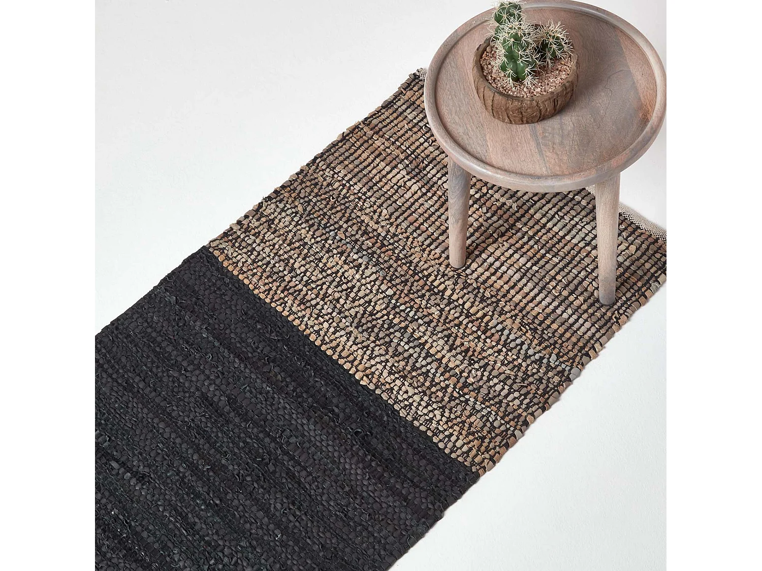 Homescapes Black Recycled Leather Handwoven Herringbone Rug, 66 x 200 cm