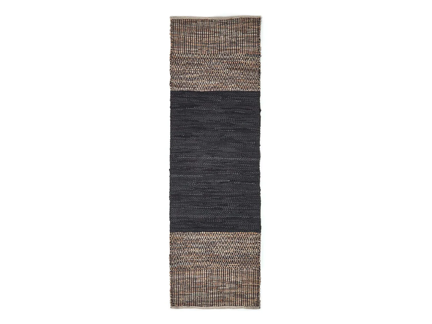 Homescapes Black Recycled Leather Handwoven Herringbone Rug, 66 x 200 cm