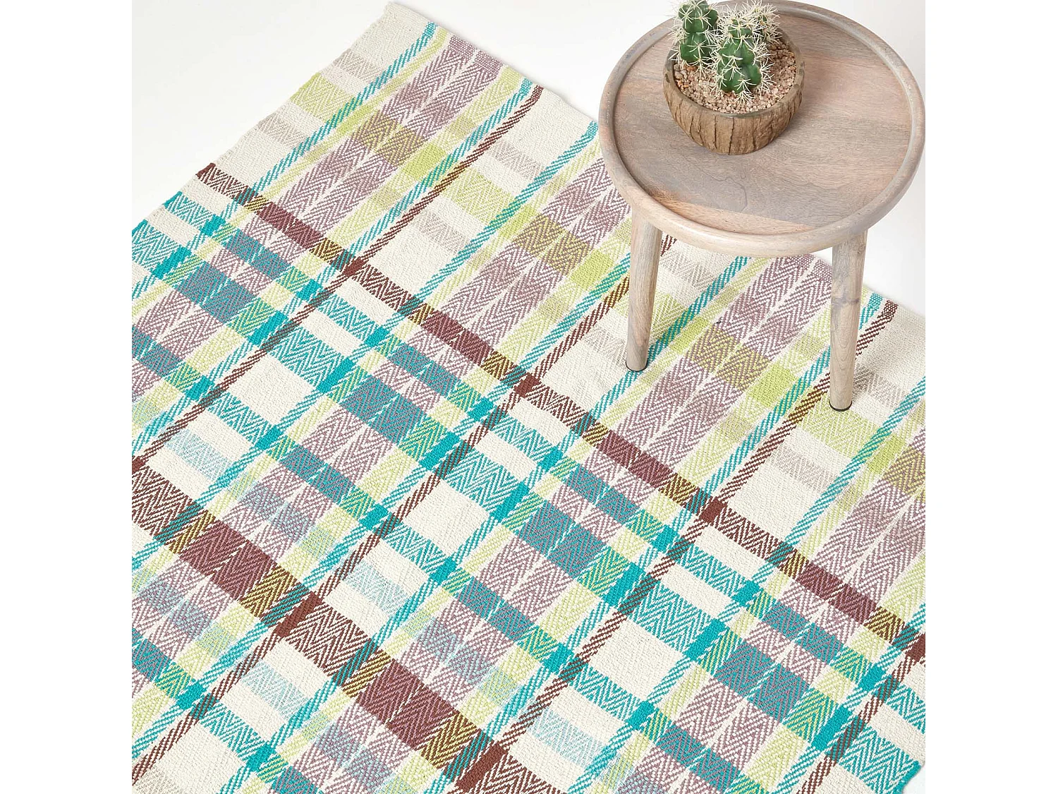 Homescapes Wilson Handwoven Blue, Yellow and Brown Tartan 100% Cotton Rug, 70 x 120 cm