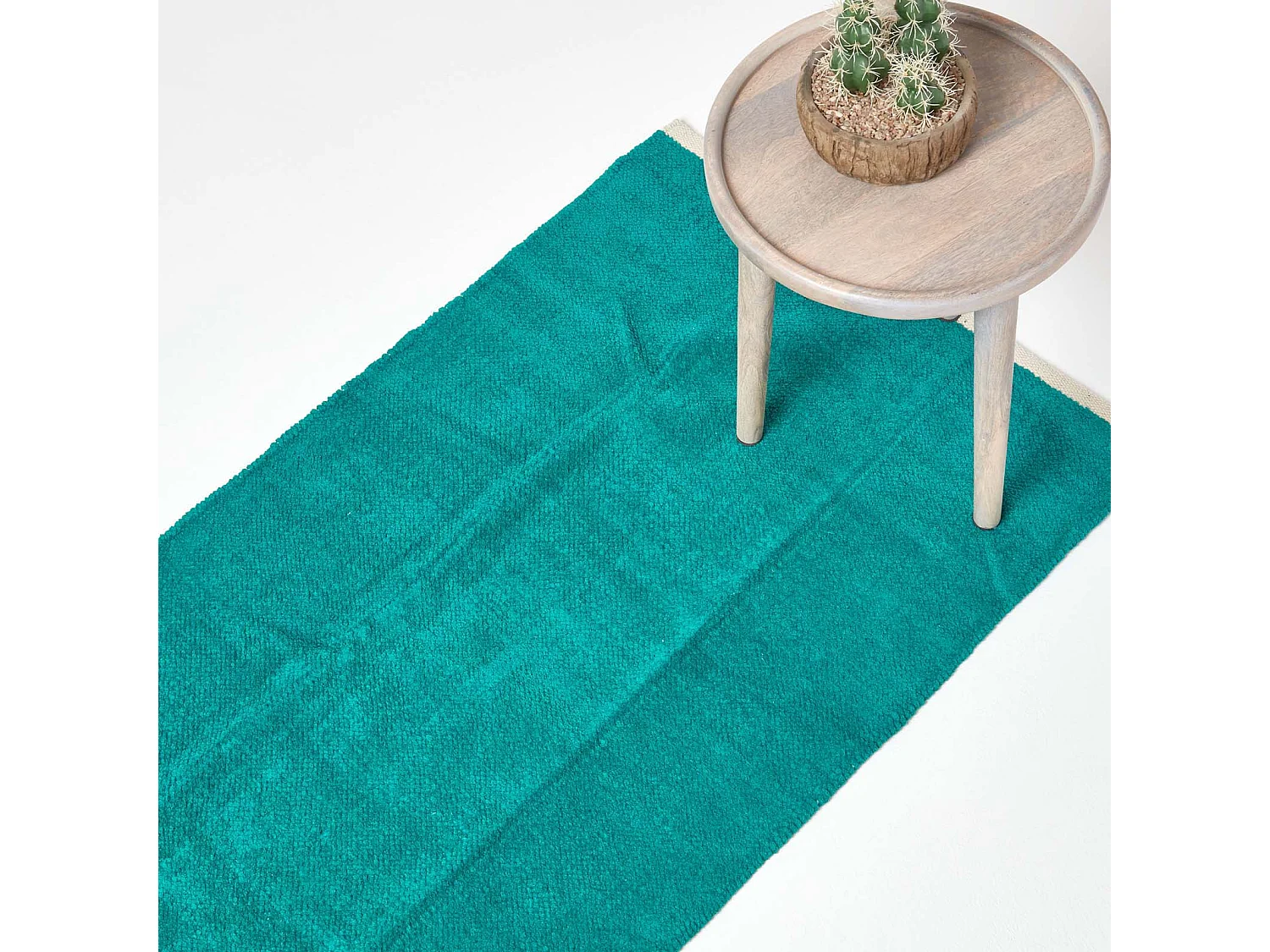 Homescapes Teal Green 100% Cotton Plain Chenille Rug with Natural Trim, 66 x 200 cm