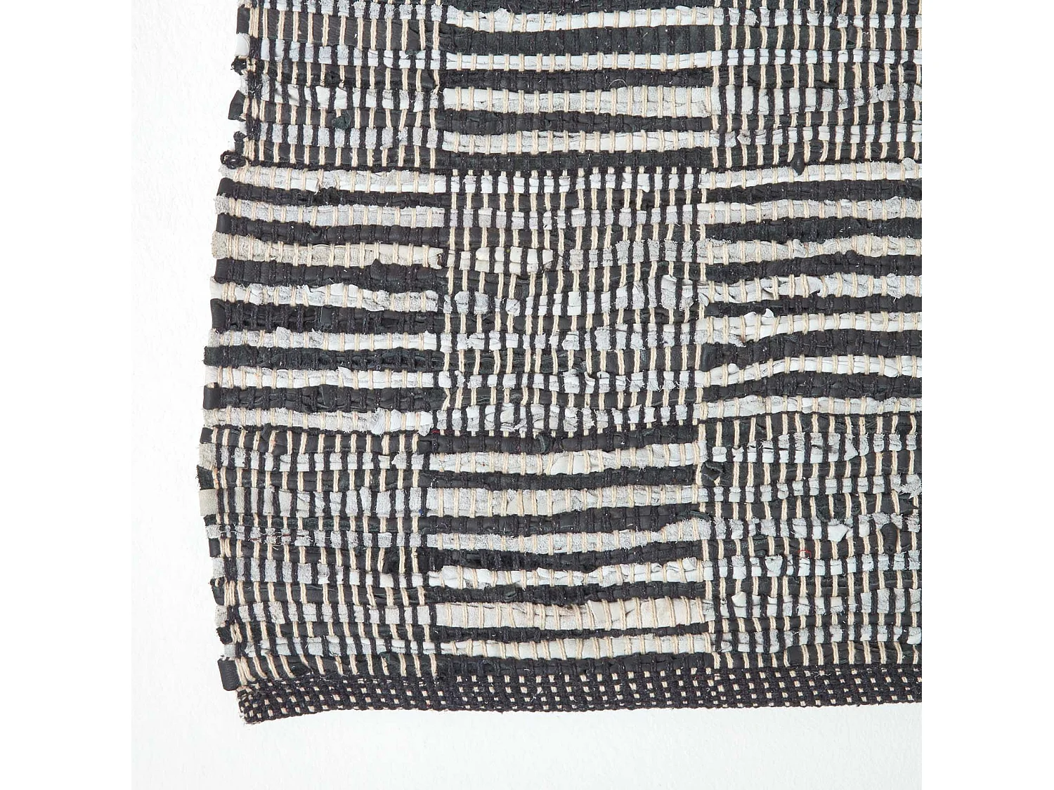 Homescapes Black & White Real Leather Handwoven Striped Block Check Rug, 66 x 200 cm