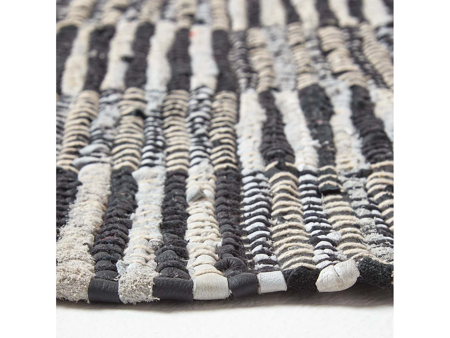 Homescapes Black & White Real Leather Handwoven Striped Block Check Rug, 66 x 200 cm