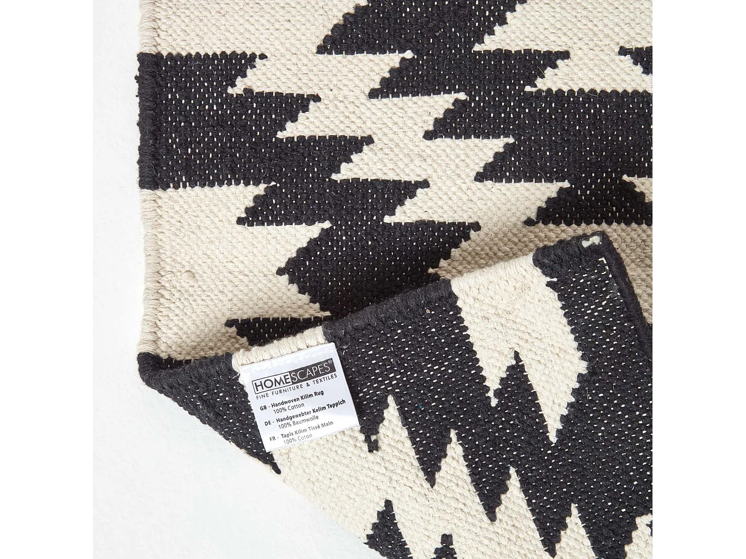 Homescapes Zurich Handwoven Black and White 100% Cotton Geometric Pattern Kilim Rug, 66 x 200 cm