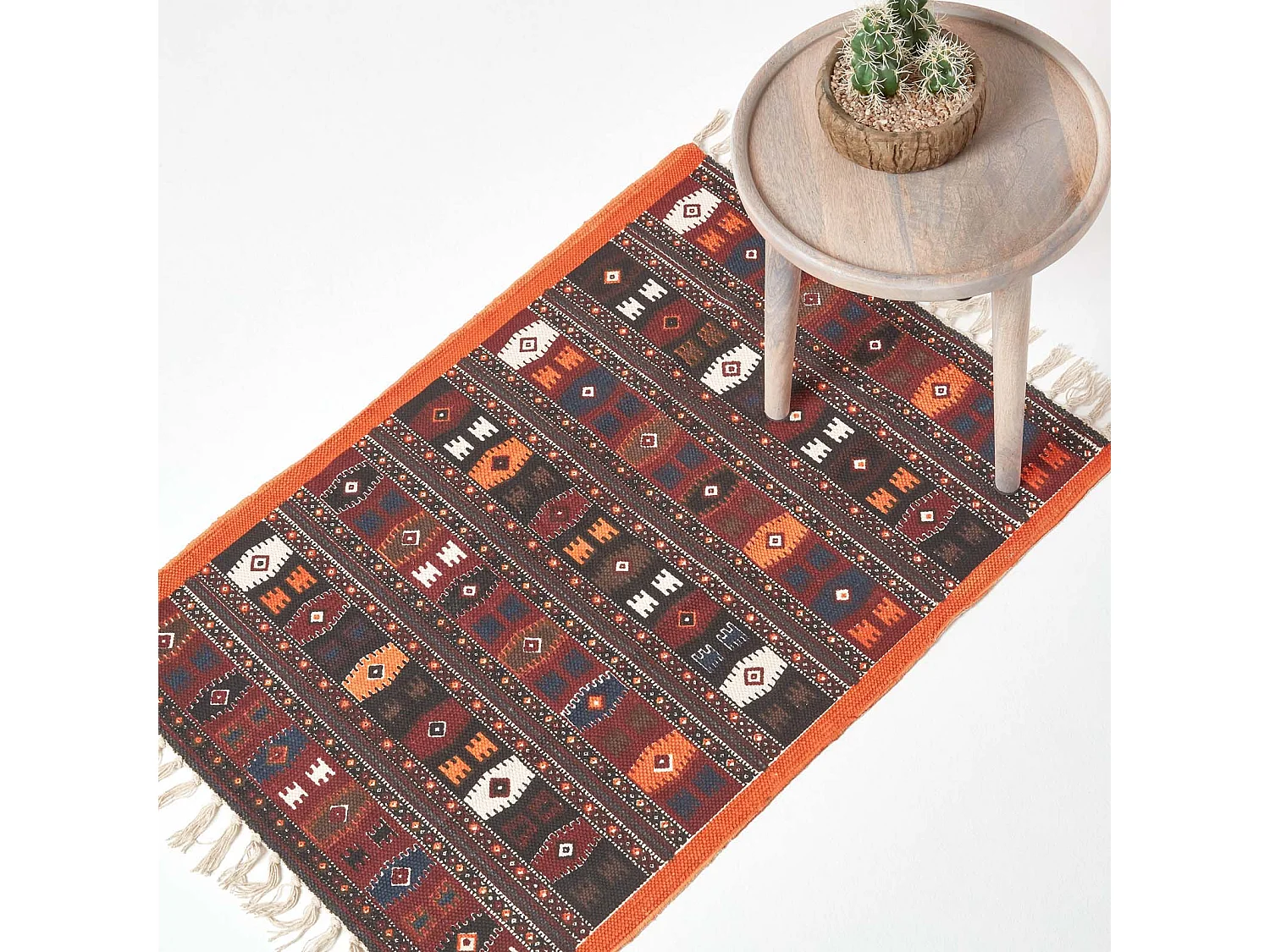 Homescapes Cotton Kilim Printed Rug Terracotta,Black and Brown Design,70 x 120 cm