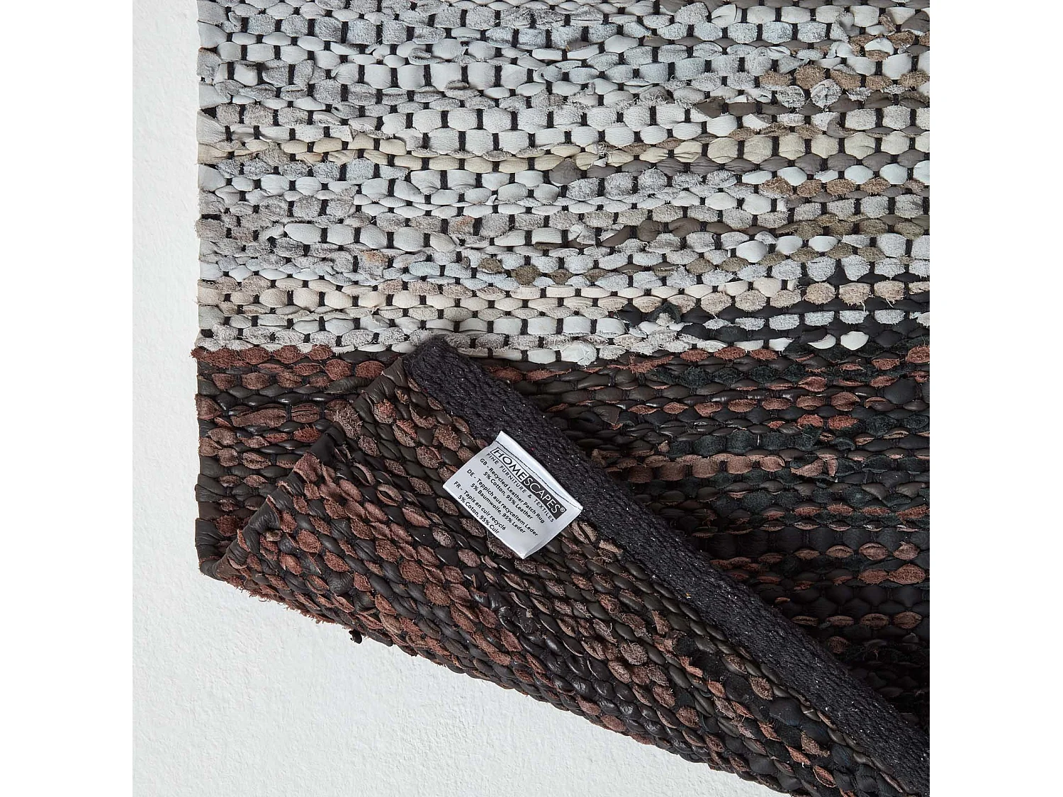 Homescapes Black, Grey & Brown Real Leather Handwoven Cutshuttle Rug, 150 x 240 cm