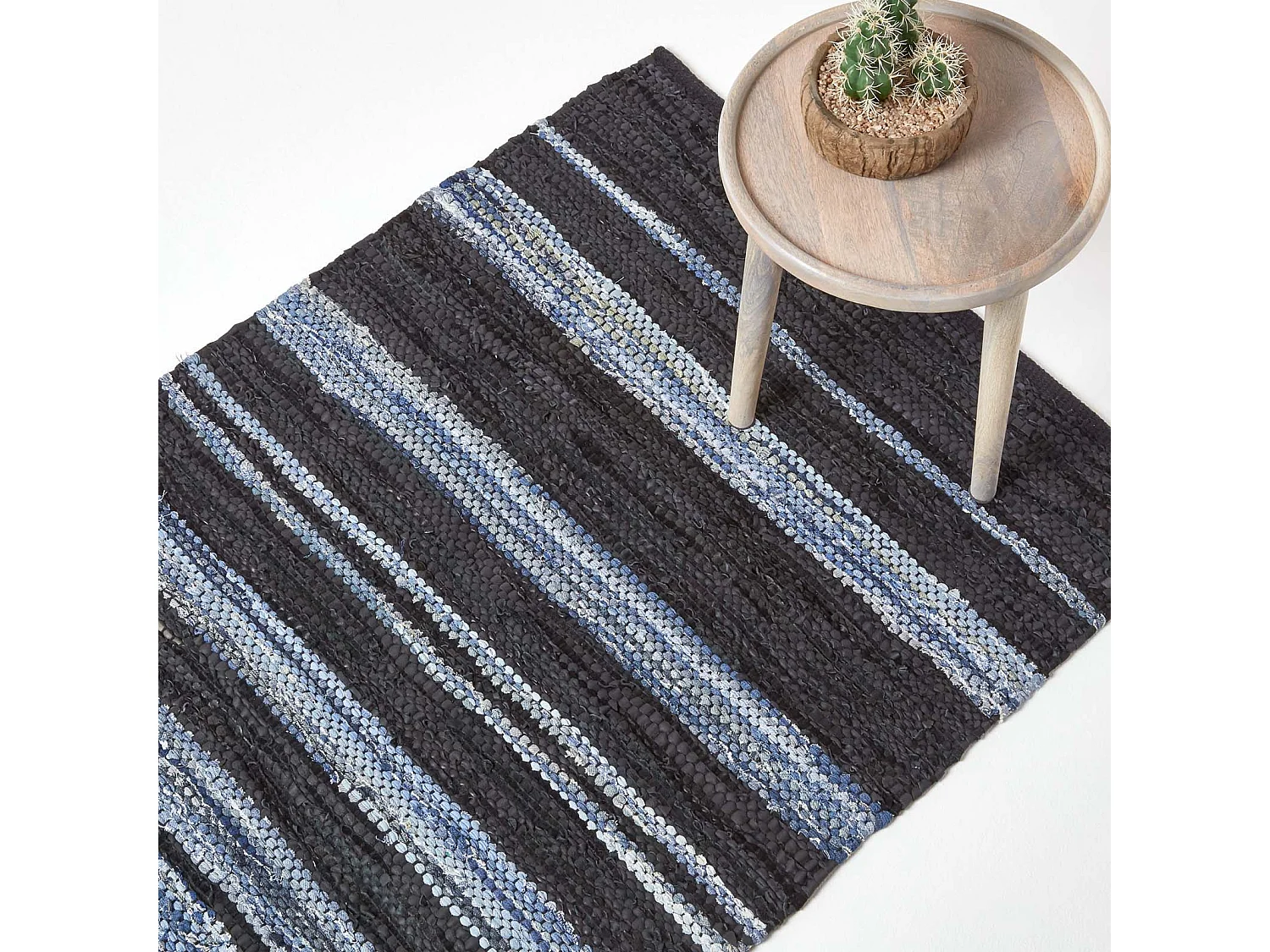 Homescapes Texas Leather & Denim Woven Striped Blue Rug, 120 x 170 cm