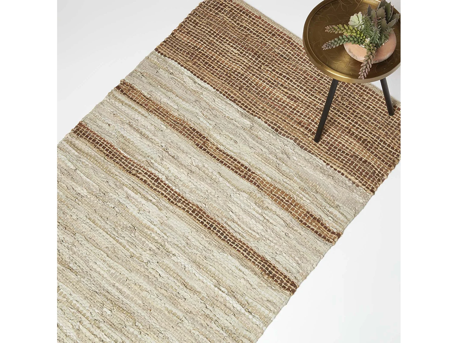 Homescapes Brown Recycled Leather Handwoven Stripe Rug, 160 x 230 cm