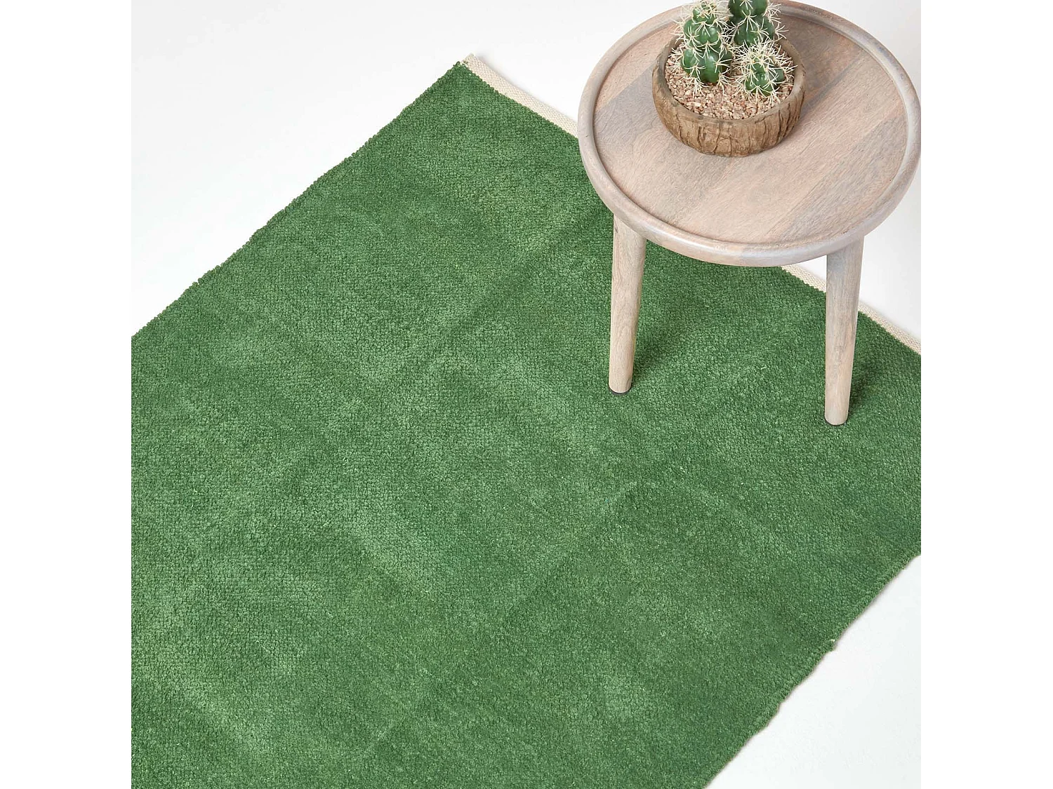 Homescapes Dark Olive 100% Cotton Plain Chenille Rug with Natural Trim, 60 x 100 cm