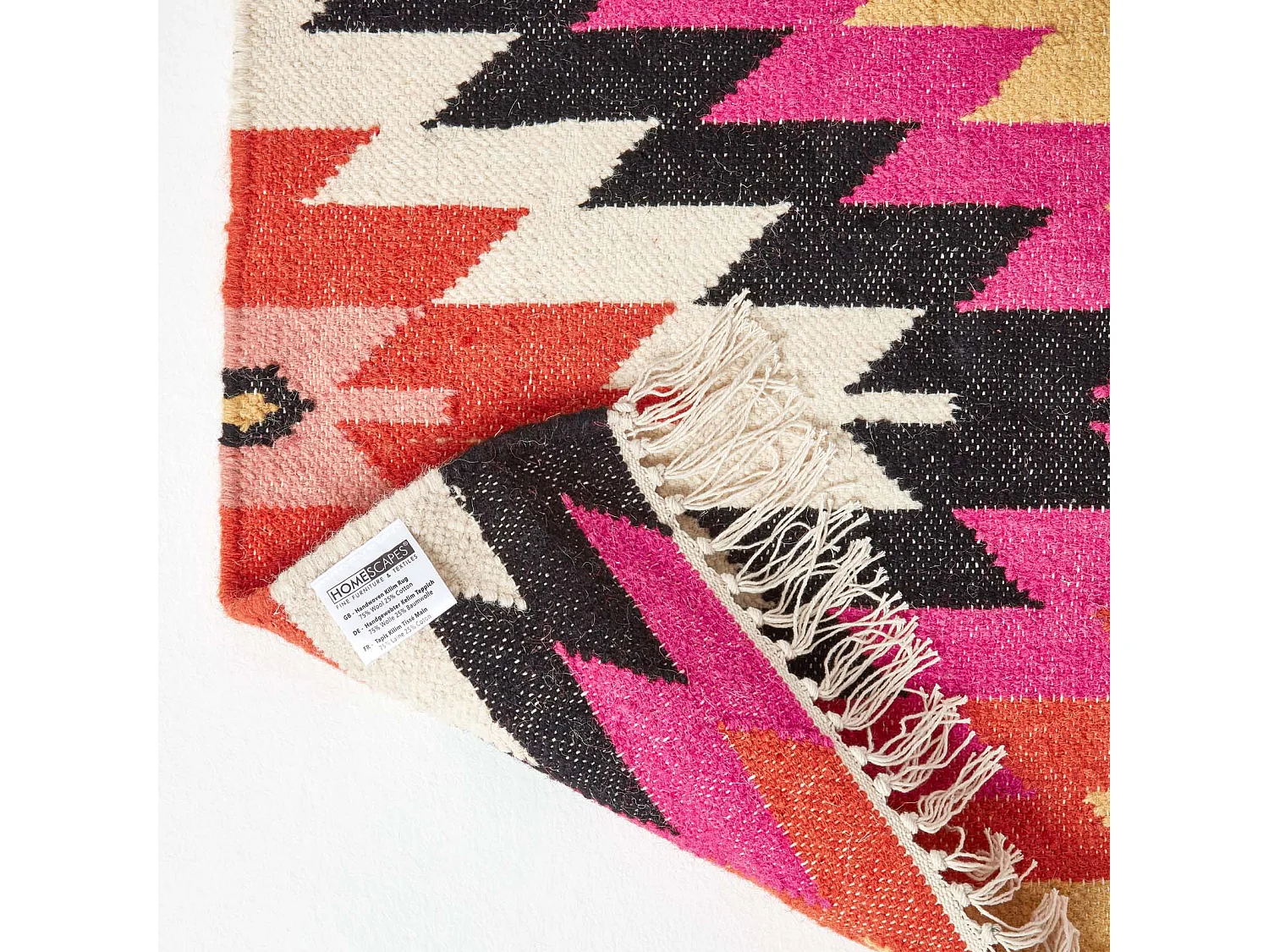 Homescapes Jakarta Handwoven Pink, Orange and Yellow Multi Coloured Geometric Pattern Kilim Wool Rug, 90 x 150 cm