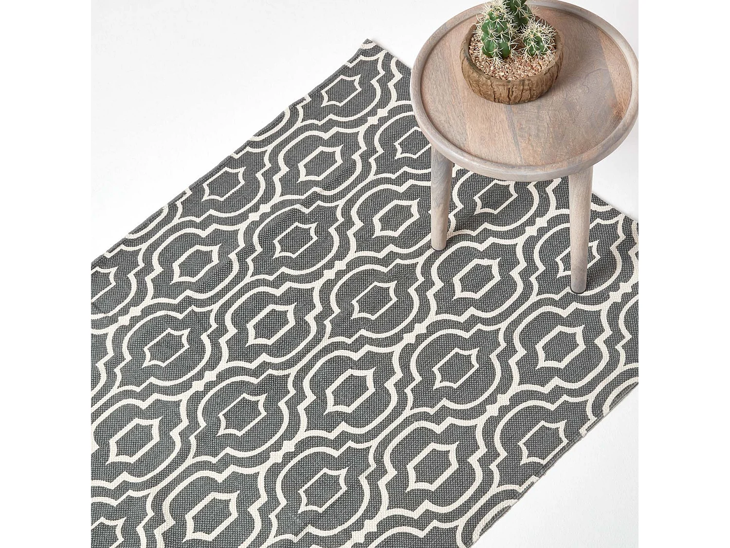 Homescapes Riga Grey and White 100% Cotton Printed Patterned Rug, 120 x 170 cm