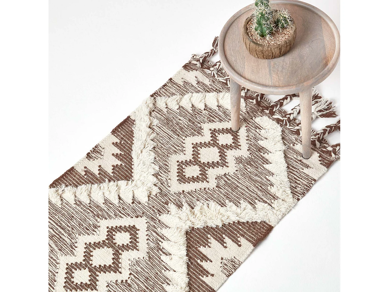 Homescapes Lhasa Handwoven Brown and Cream Textured Diamond Pattern Kilim Wool Rug, 66 x 200 cm