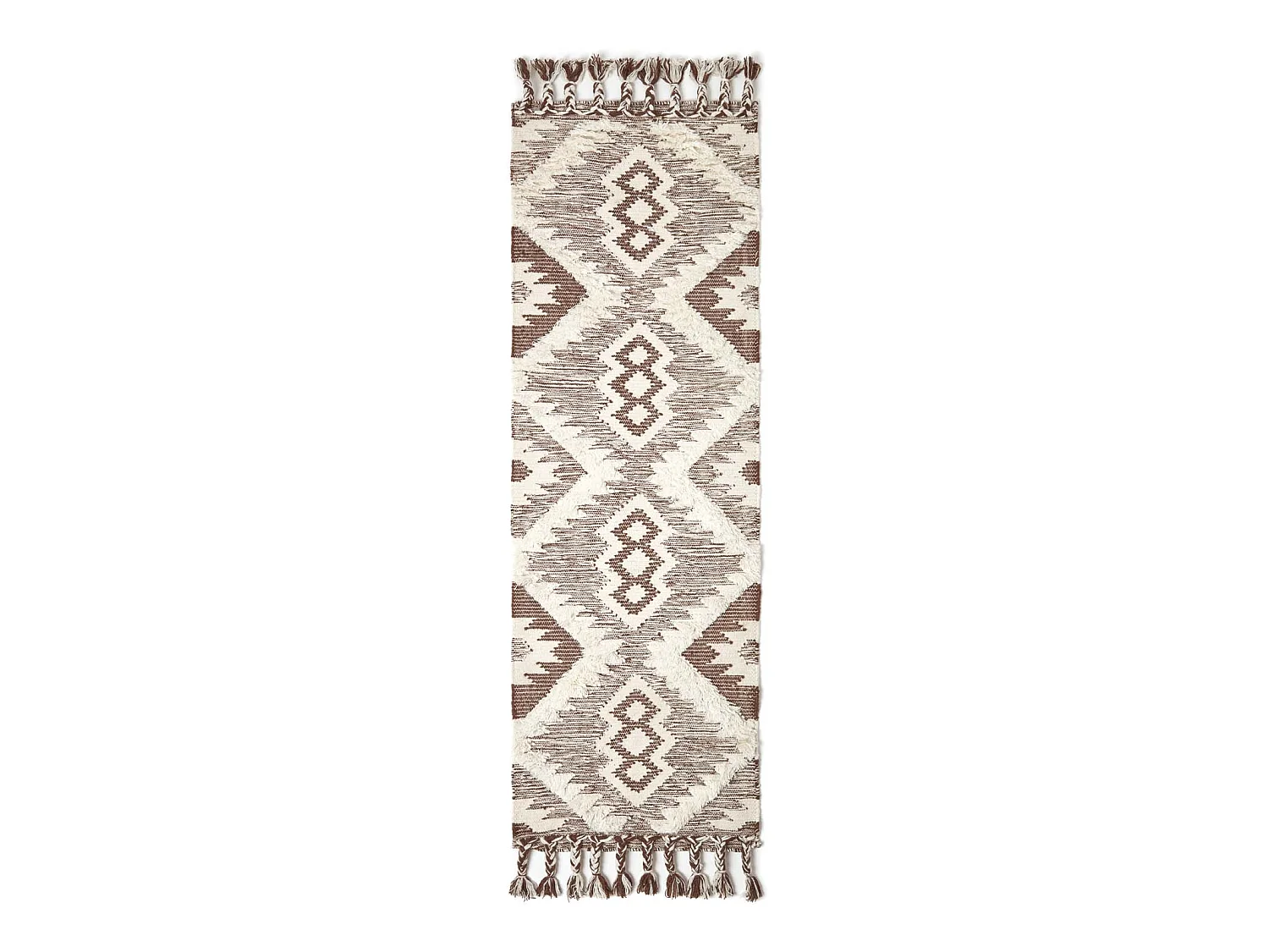 Homescapes Lhasa Handwoven Brown and Cream Textured Diamond Pattern Kilim Wool Rug, 66 x 200 cm