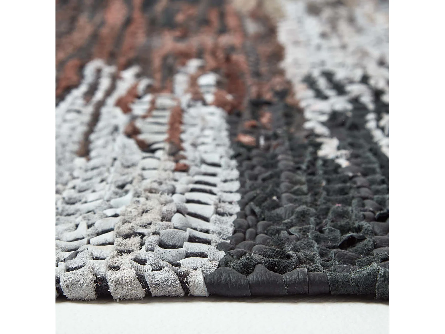 Homescapes Black, Grey & Brown Real Leather Handwoven Cutshuttle Rug, 120 x 240 cm