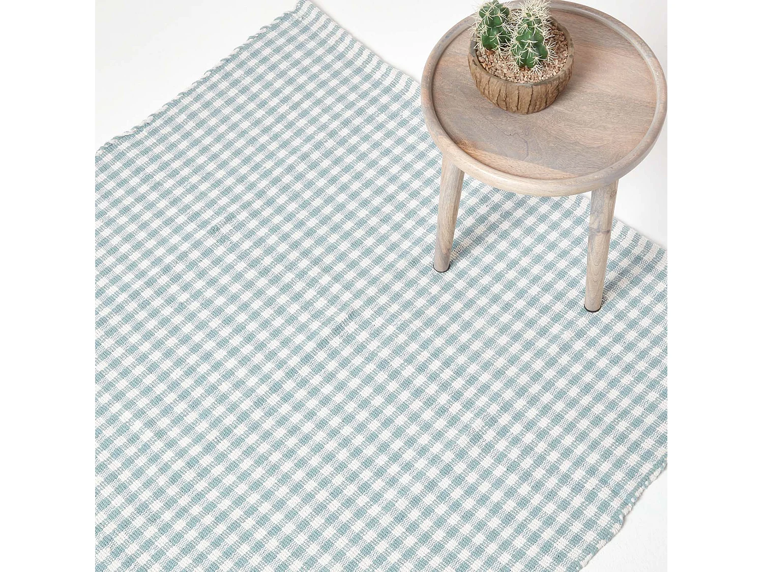 Homescapes Cotton Gingham Check Rug Hand Woven Blue White, 110 x 170 cm