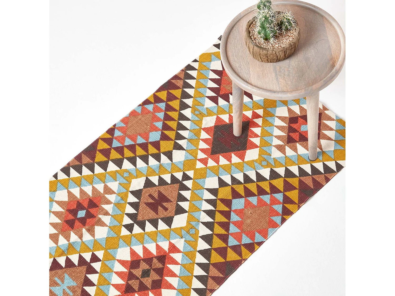 Homescapes Oslo Orange, Brown and Yellow Multi Coloured 100% Cotton Diamond Pattern Rug, 66 x 200 cm