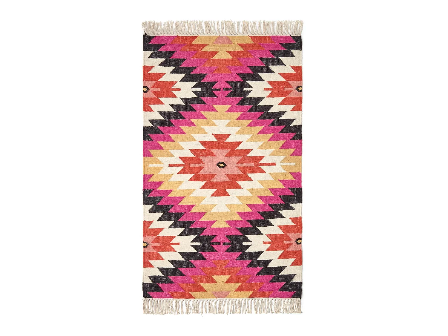 Homescapes Jakarta Handwoven Pink, Orange and Yellow Multi Coloured Geometric Pattern Kilim Wool Rug, 160 x 230 cm