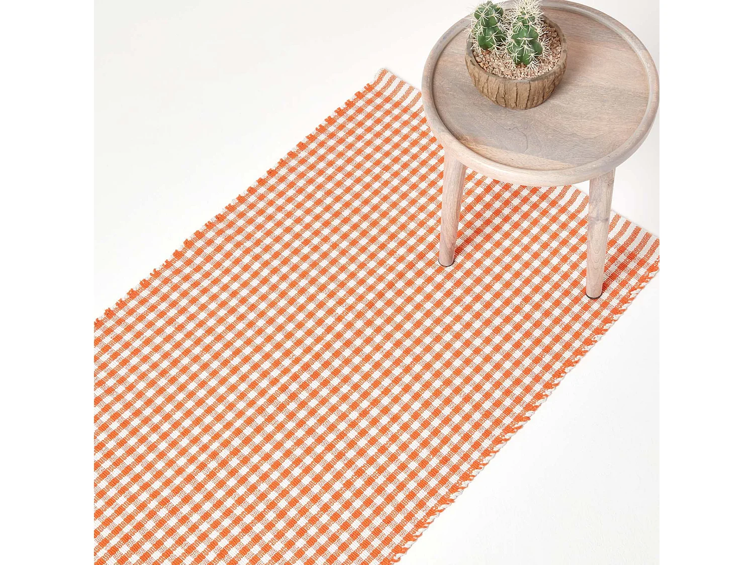 Homescapes Cotton Gingham Check Rug Hand Woven Orange White, 66 x 200 cm