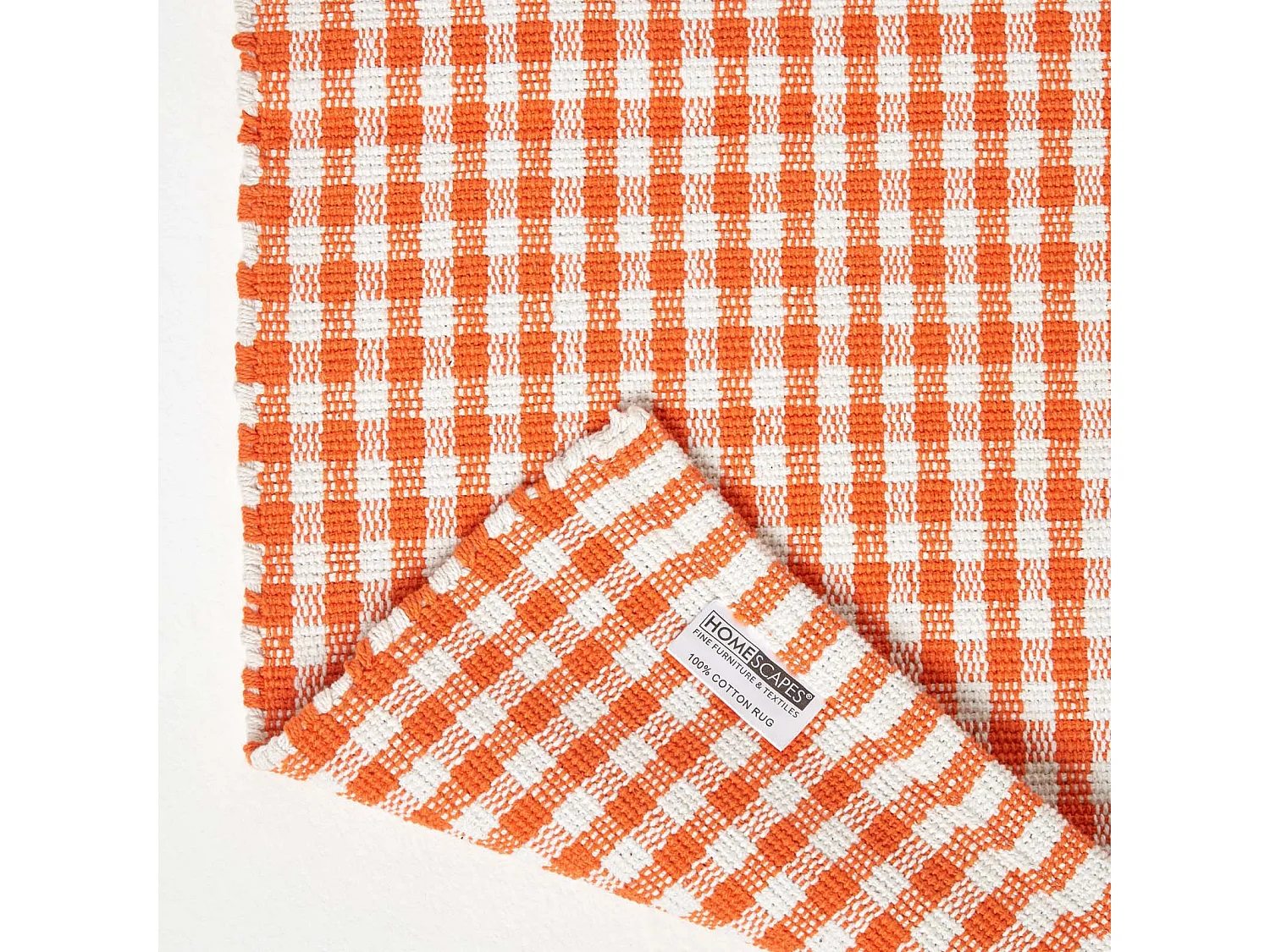 Homescapes Cotton Gingham Check Rug Hand Woven Orange White, 66 x 200 cm