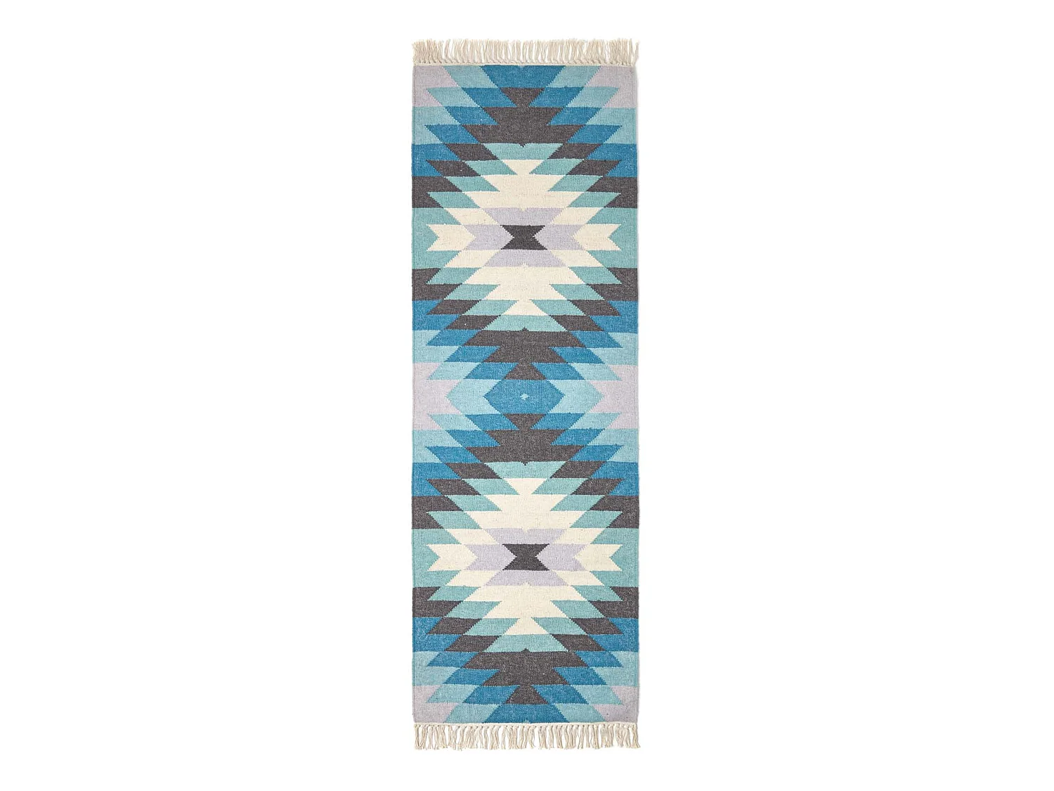 Homescapes Helsinki Handwoven Geometric Pattern Blue Grey and Cream Kilim Wool Rug, 66 x 200 cm