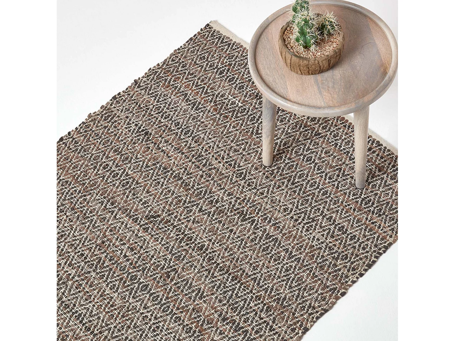 Homescapes Brown Real Leather Handwoven Diamond Pattern Rug, 150 x 240 cm