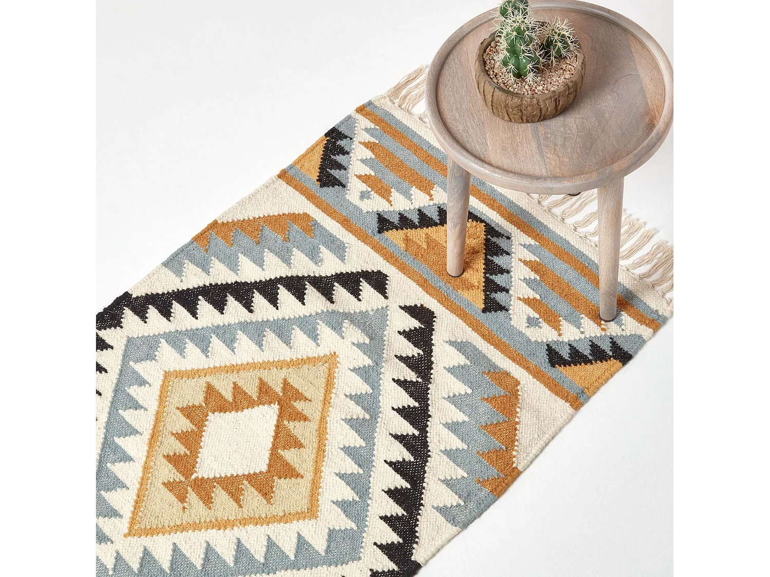 Homescapes Agra Handwoven Ochre Gold, Silver Grey and Black Diamond Pattern Kilim Wool Rug, 66 x 200 cm
