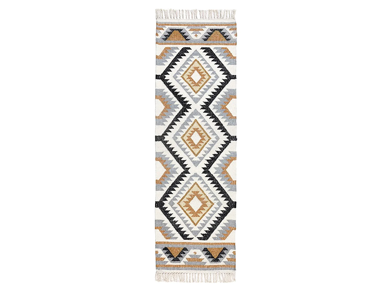 Homescapes Agra Handwoven Ochre Gold, Silver Grey and Black Diamond Pattern Kilim Wool Rug, 66 x 200 cm