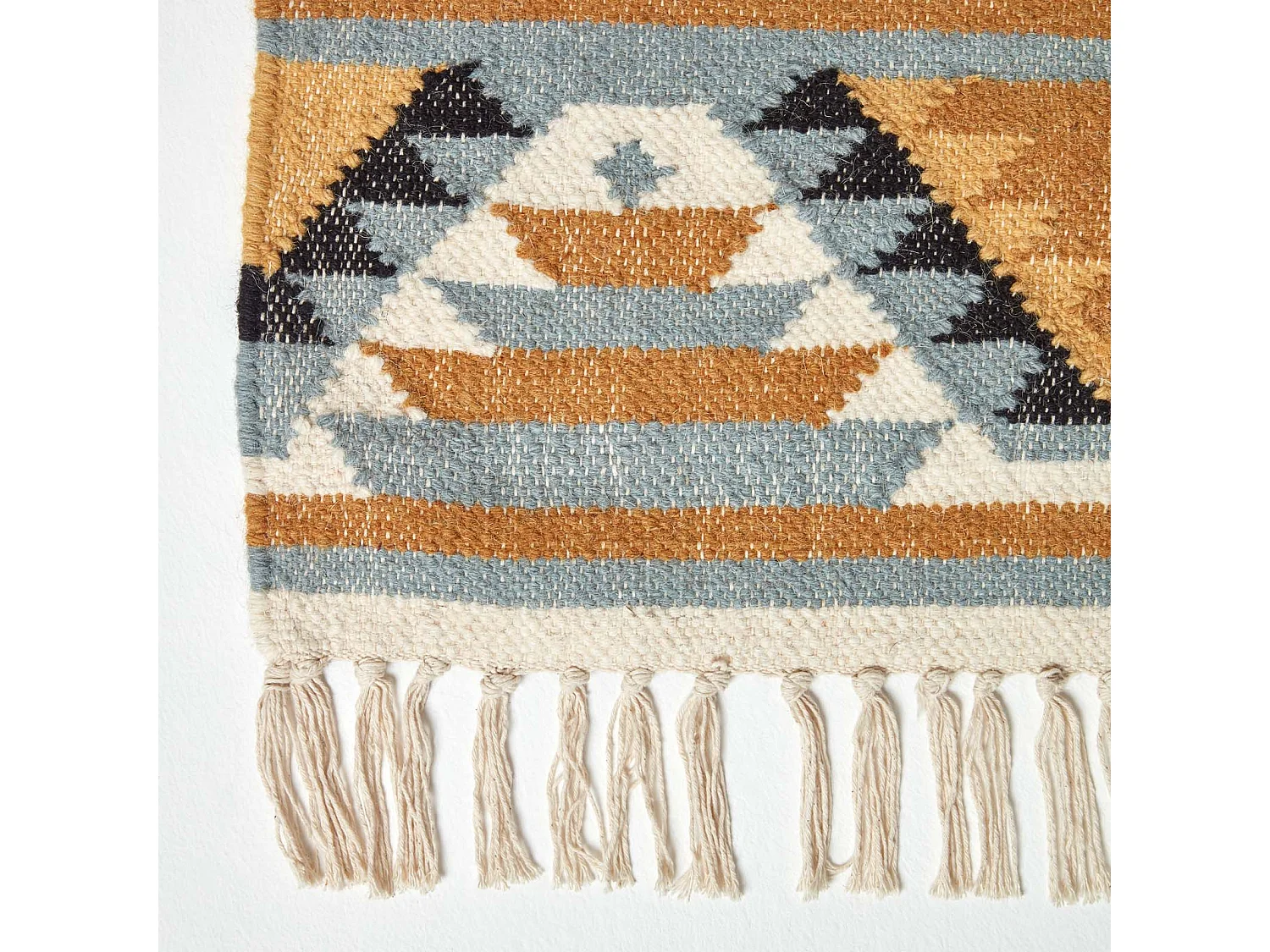 Homescapes Agra Handwoven Ochre Gold, Silver Grey and Black Diamond Pattern Kilim Wool Rug, 66 x 200 cm