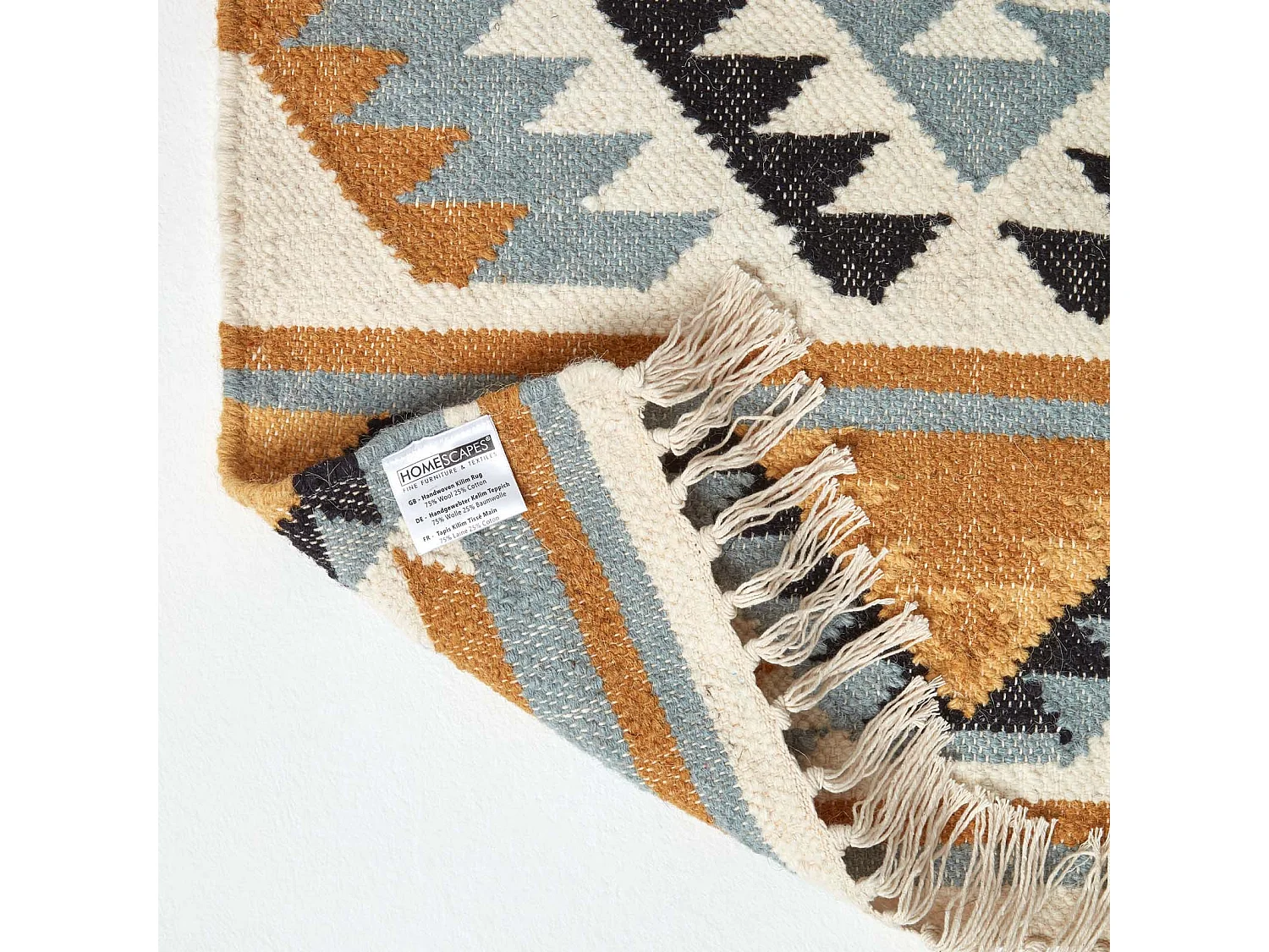 Homescapes Agra Handwoven Ochre Gold, Silver Grey and Black Diamond Pattern Kilim Wool Rug, 66 x 200 cm