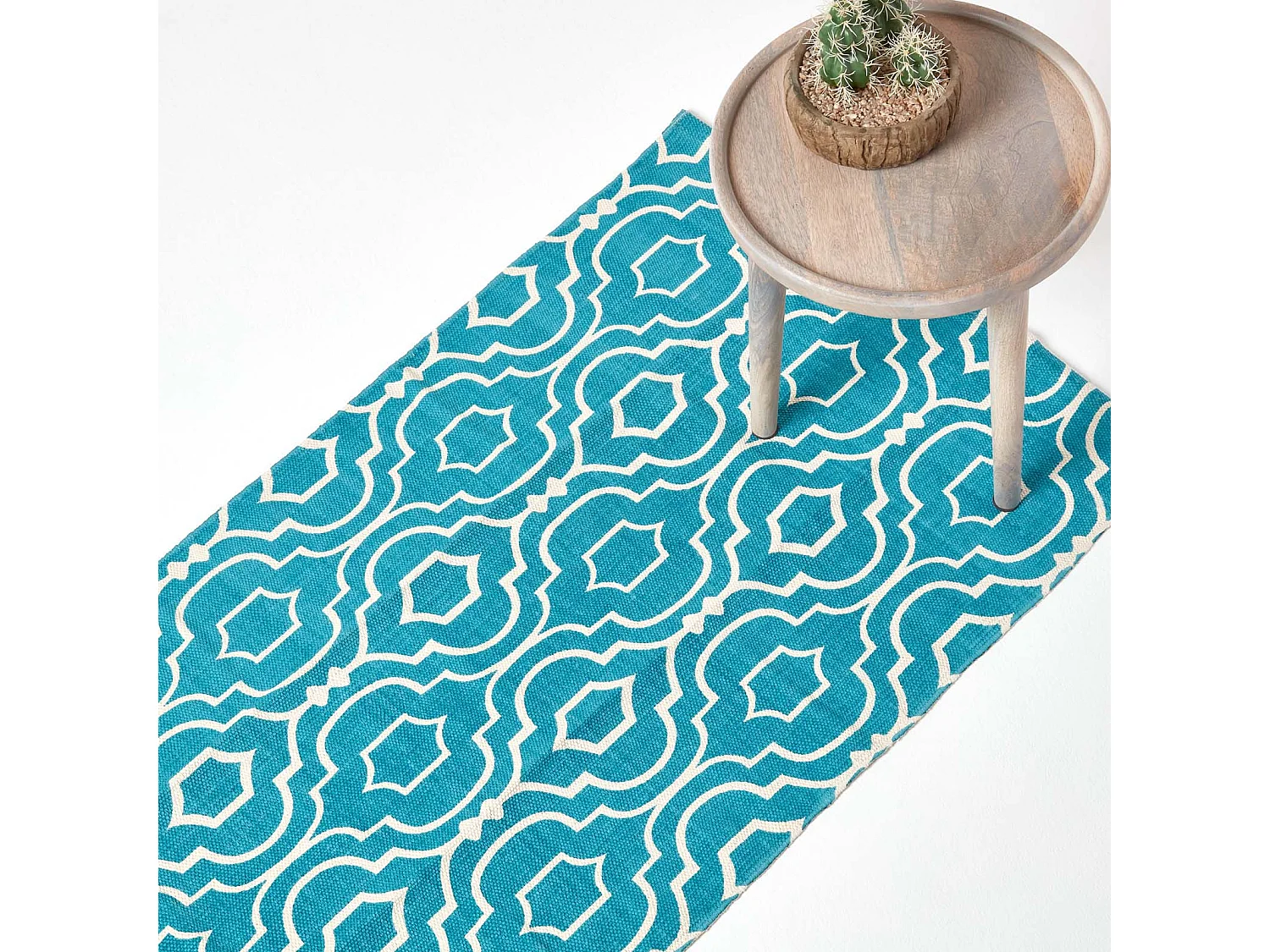 Homescapes Riga Teal and White 100% Cotton Printed Patterned Rug, 66 x 200 cm