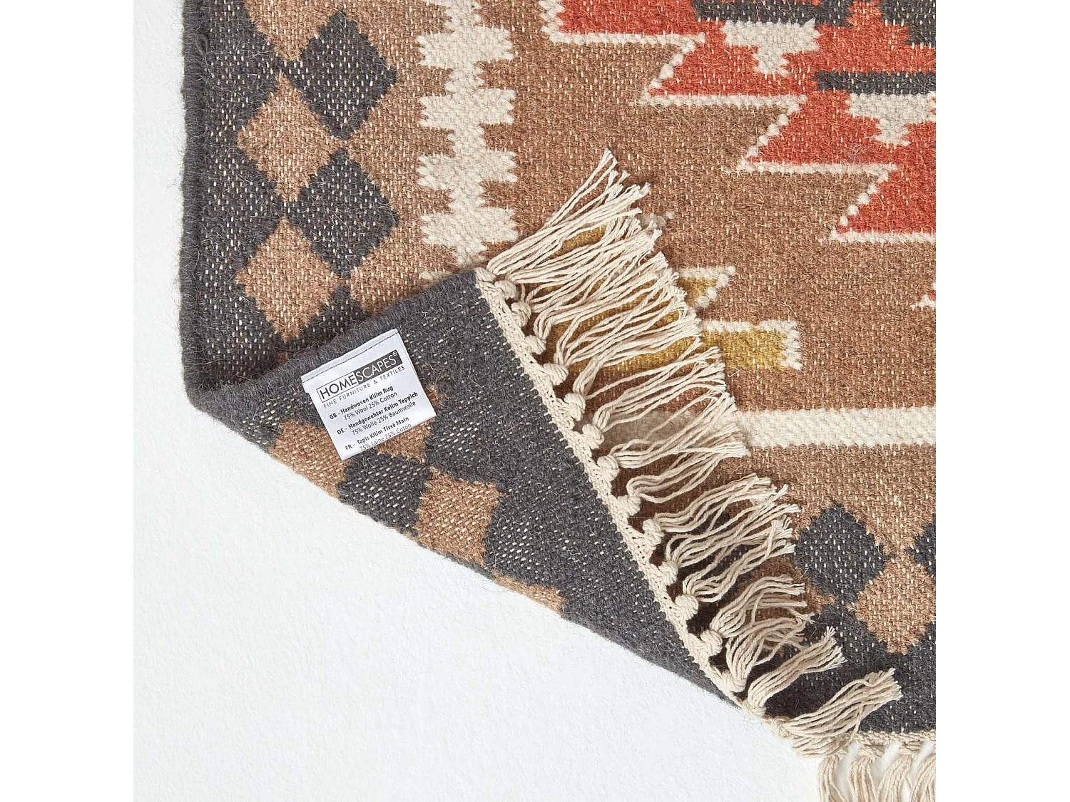 Homescapes Jaipur Handwoven Brown and Orange Patterned Kilim Wool Rug, 160 x 230 cm