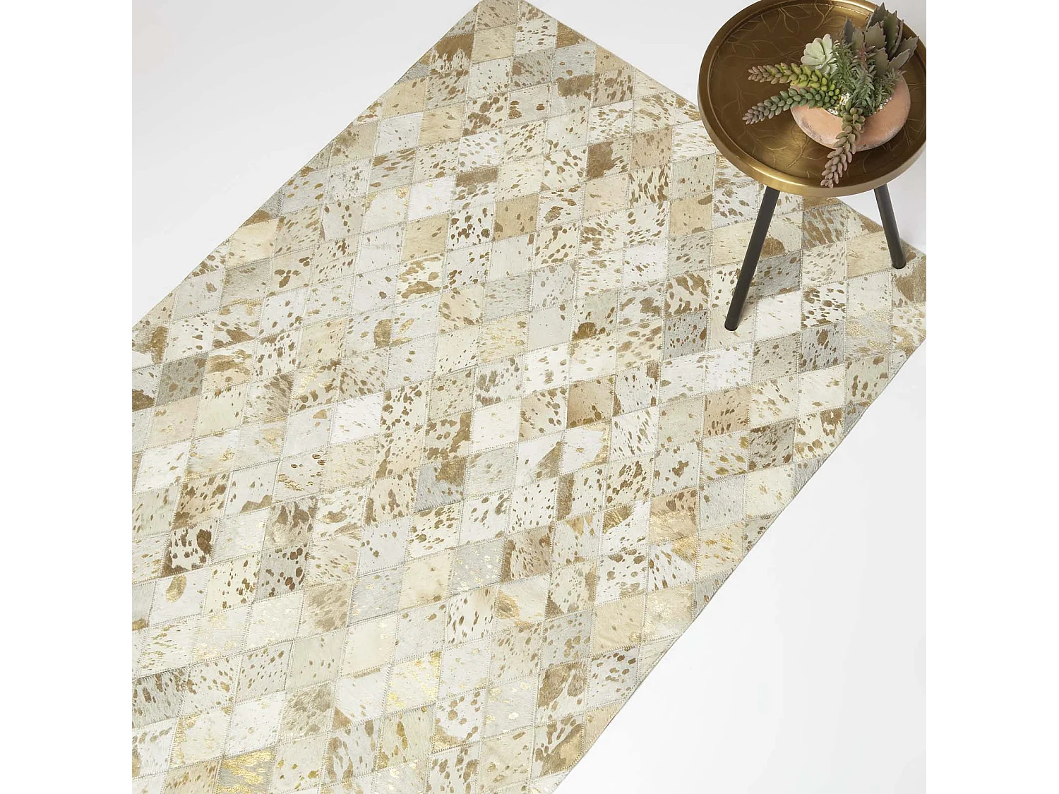 Homescapes Gold & Grey Geometric Diamond Leather Rug, 90 x 150 cm
