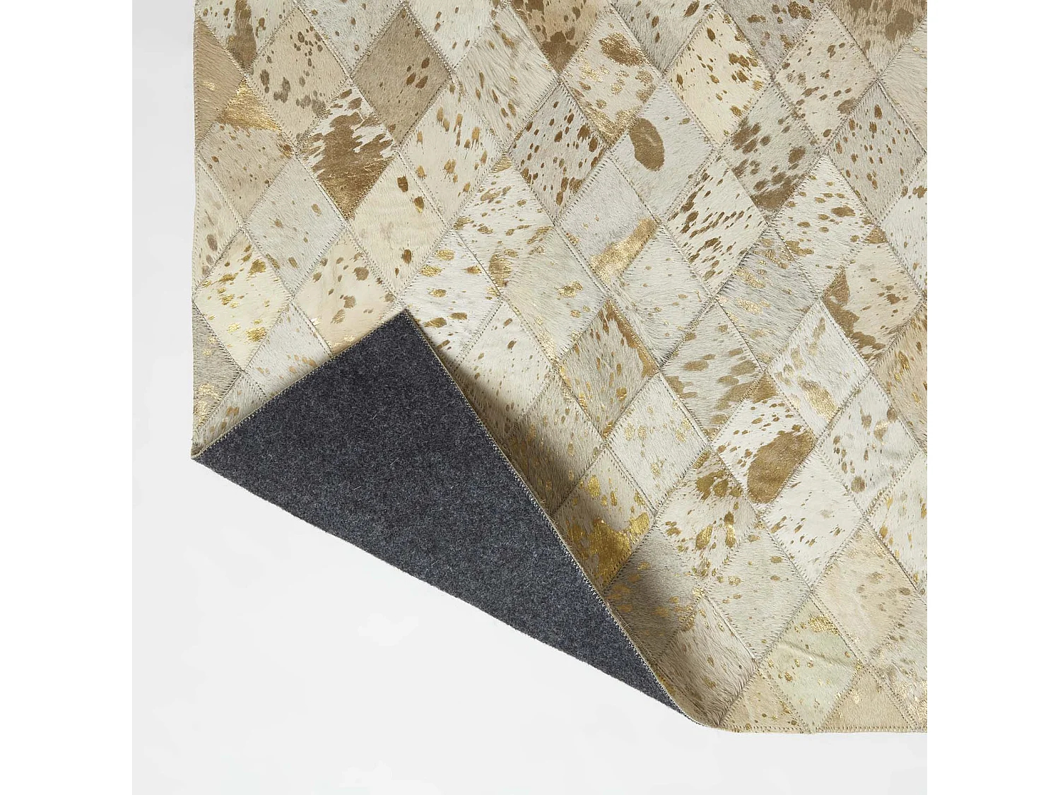 Homescapes Gold & Grey Geometric Diamond Leather Rug, 90 x 150 cm