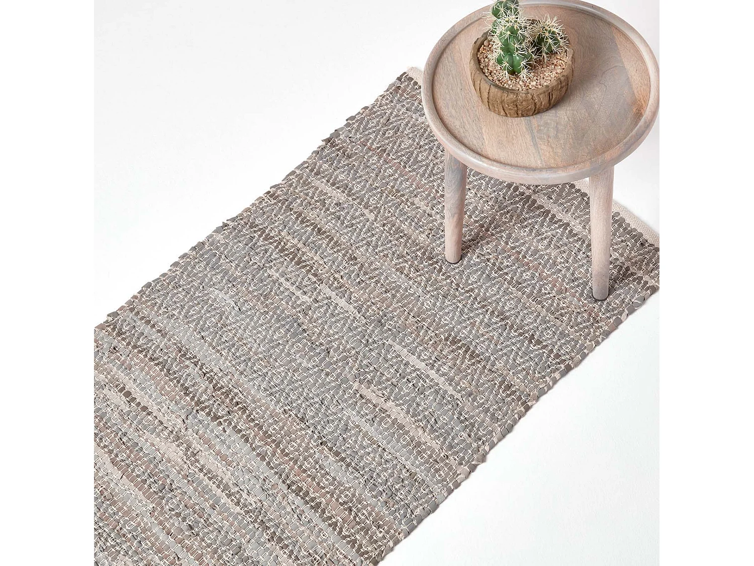Homescapes Grey Real Leather Handwoven Diamond Pattern Rug, 66 x 200 cm