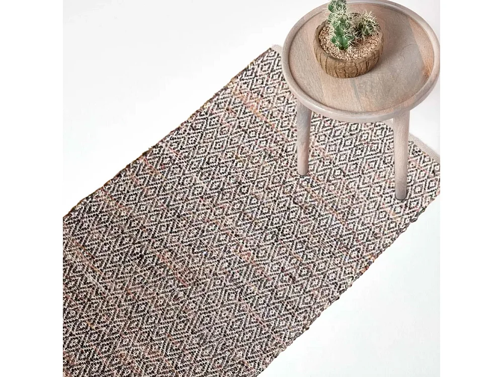 Homescapes Brown Real Leather Handwoven Diamond Pattern Rug, 66 x 200 cm
