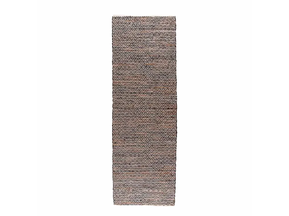 Homescapes Brown Real Leather Handwoven Diamond Pattern Rug, 66 x 200 cm