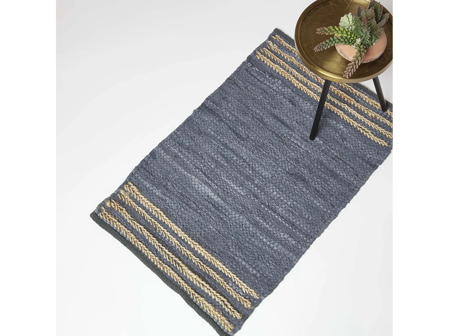 Homescapes Grey Recycled Leather Handwoven Stripe Rug, 60 x 90 cm
