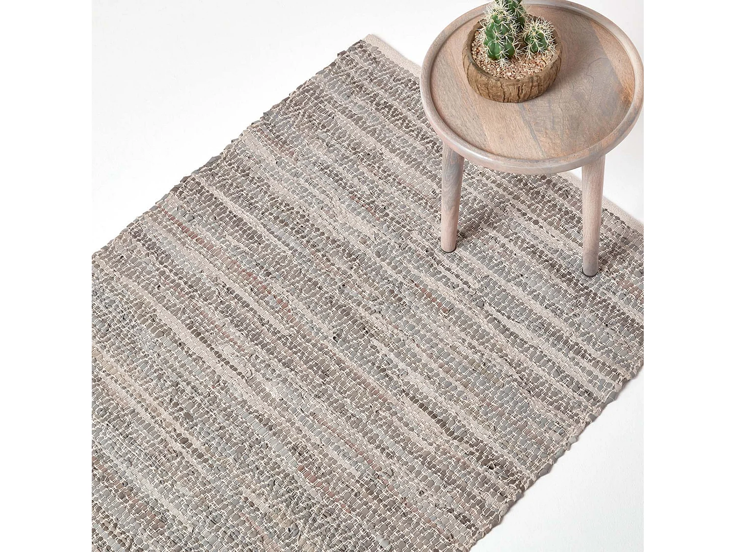 Homescapes Grey Real Leather Handwoven Diamond Pattern Rug, 150 x 240 cm