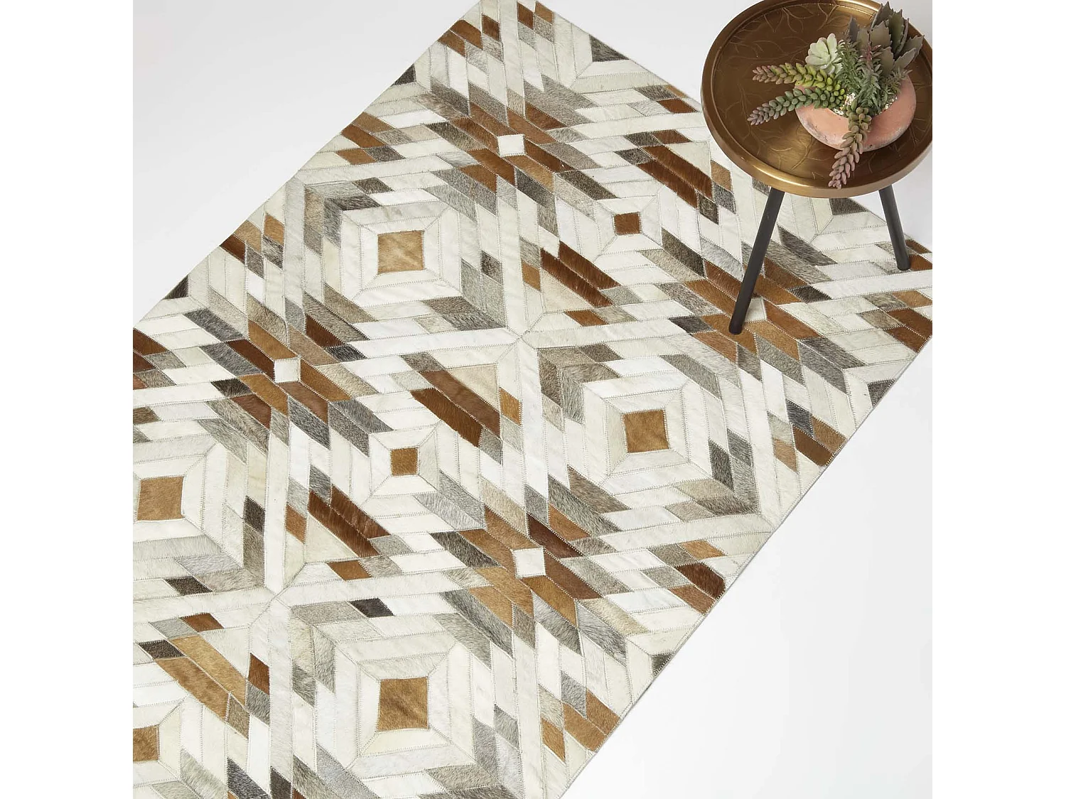 Homescapes Cream & Brown  Geometric Leather Rug, 90 x 150 cm