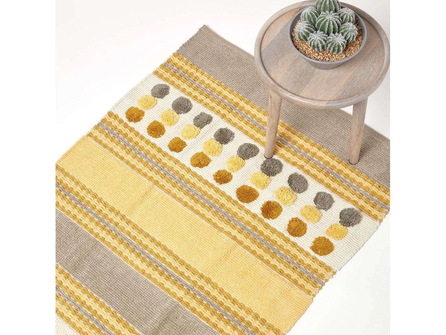 Homescapes Cotton Chenille Striped Tufted Circle Rug Grey Mustard Yellow 60 x 100cm