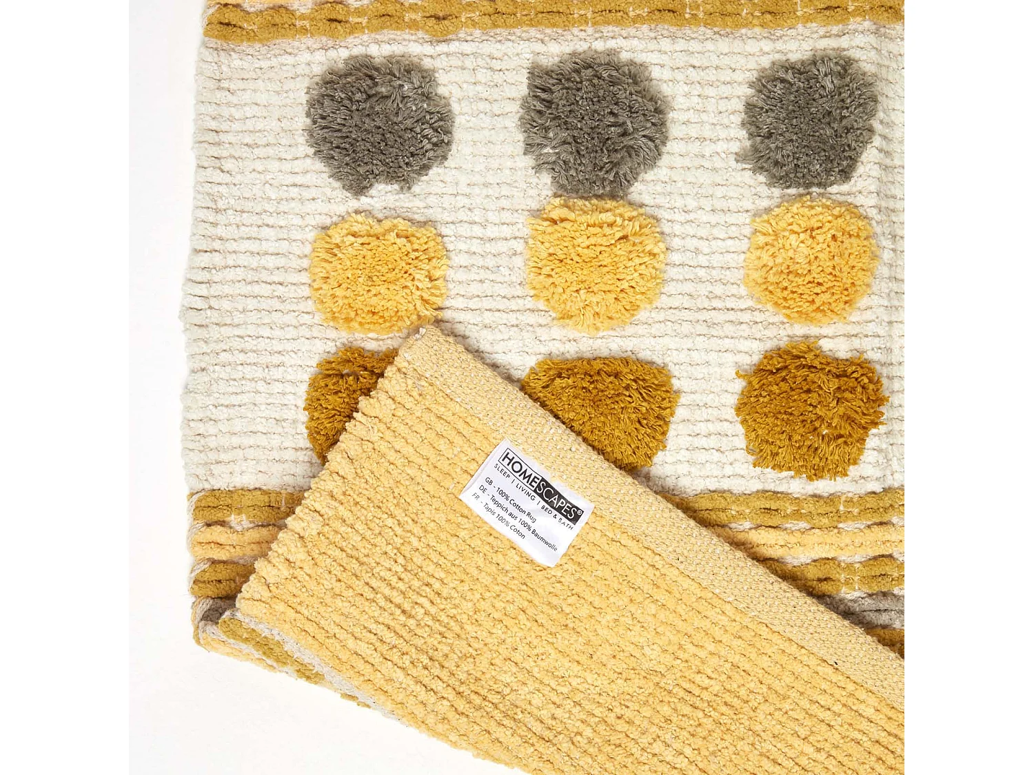 Homescapes Cotton Chenille Striped Tufted Circle Rug Grey Mustard Yellow 60 x 100cm