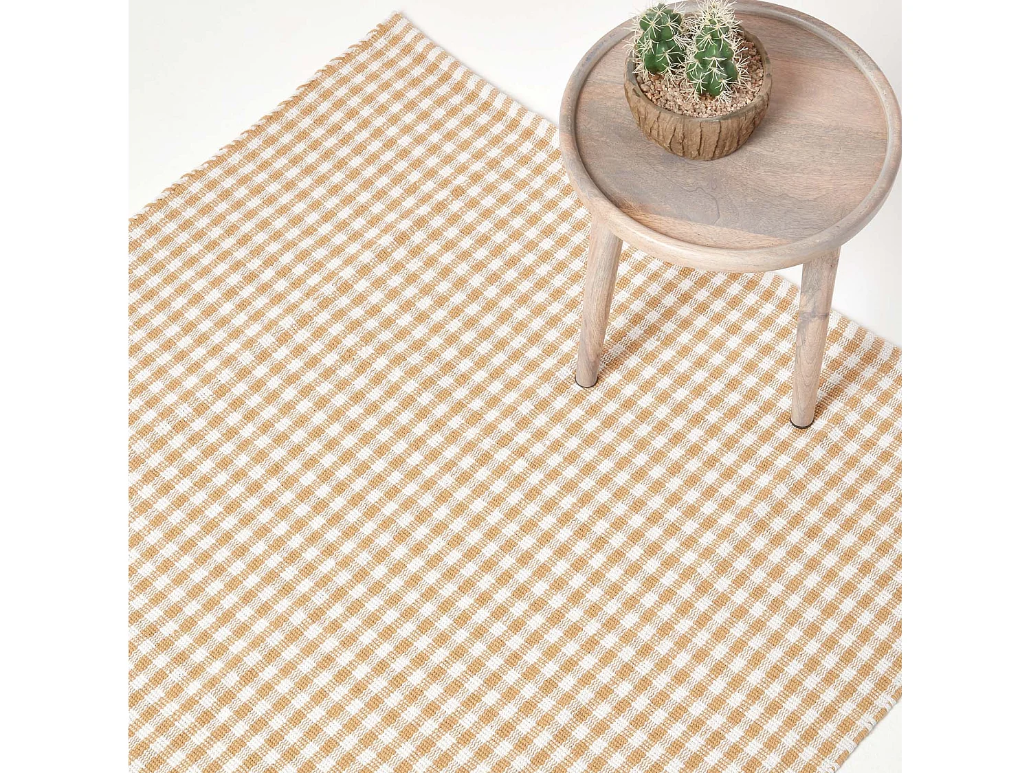 Homescapes Cotton Gingham Check Rug Hand Woven Beige White, 110 x 170 cm