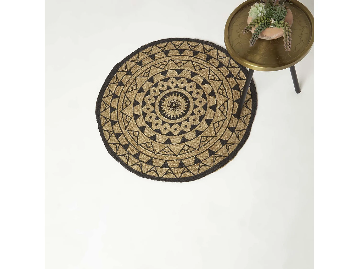 Homescapes Natural & Black Mandala Braided Jute Rug, 70 cm Round