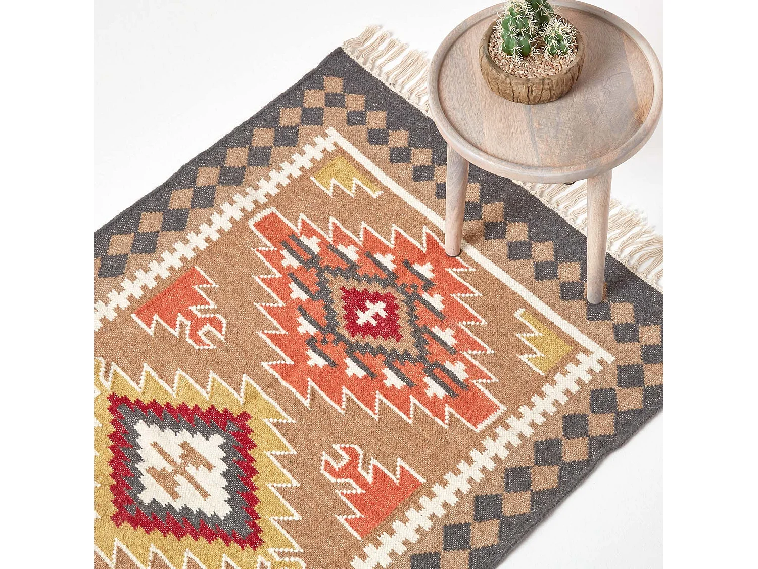 Homescapes Jaipur Handwoven Brown and Orange Patterned Kilim Wool Rug, 90 x 150 cm