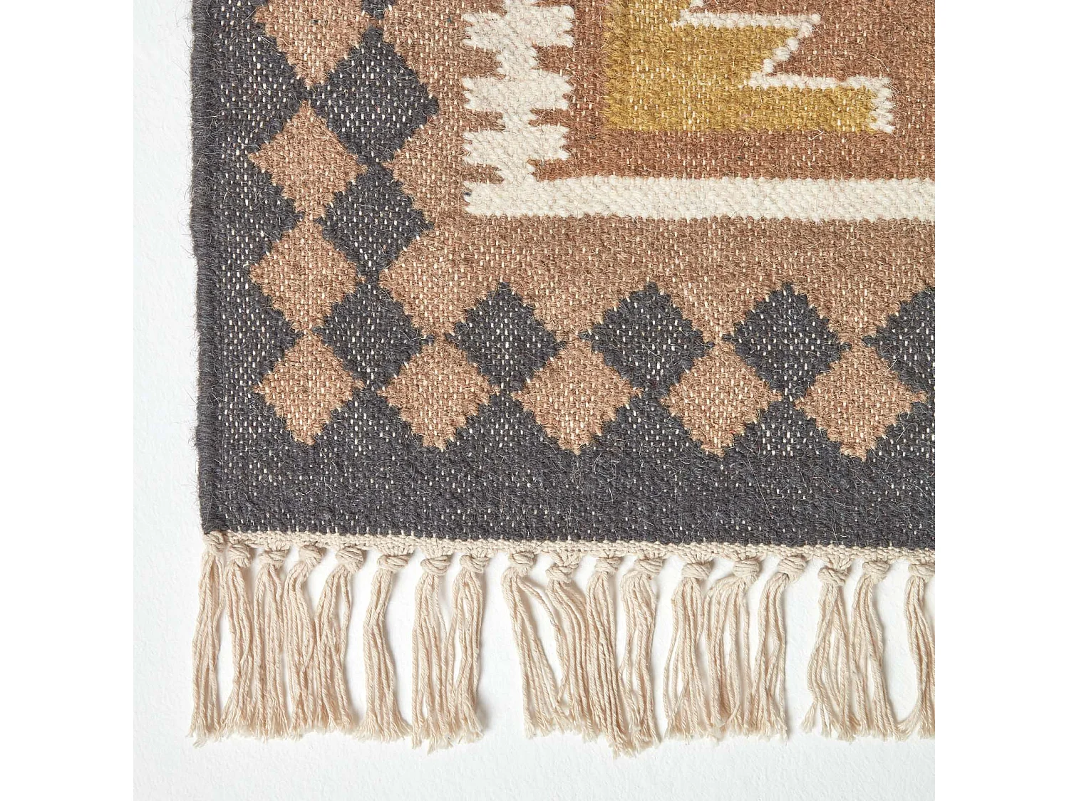Homescapes Jaipur Handwoven Brown and Orange Patterned Kilim Wool Rug, 90 x 150 cm