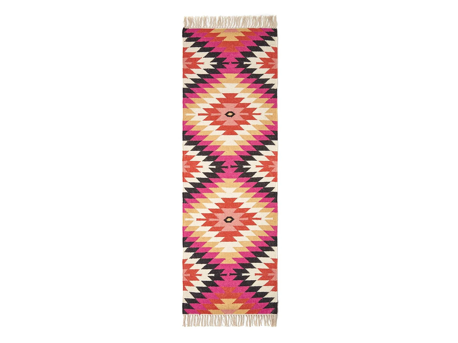 Homescapes Jakarta Handwoven Pink, Orange and Yellow Multi Coloured Geometric Pattern KIlim Wool Rug, 66 x 200 cm