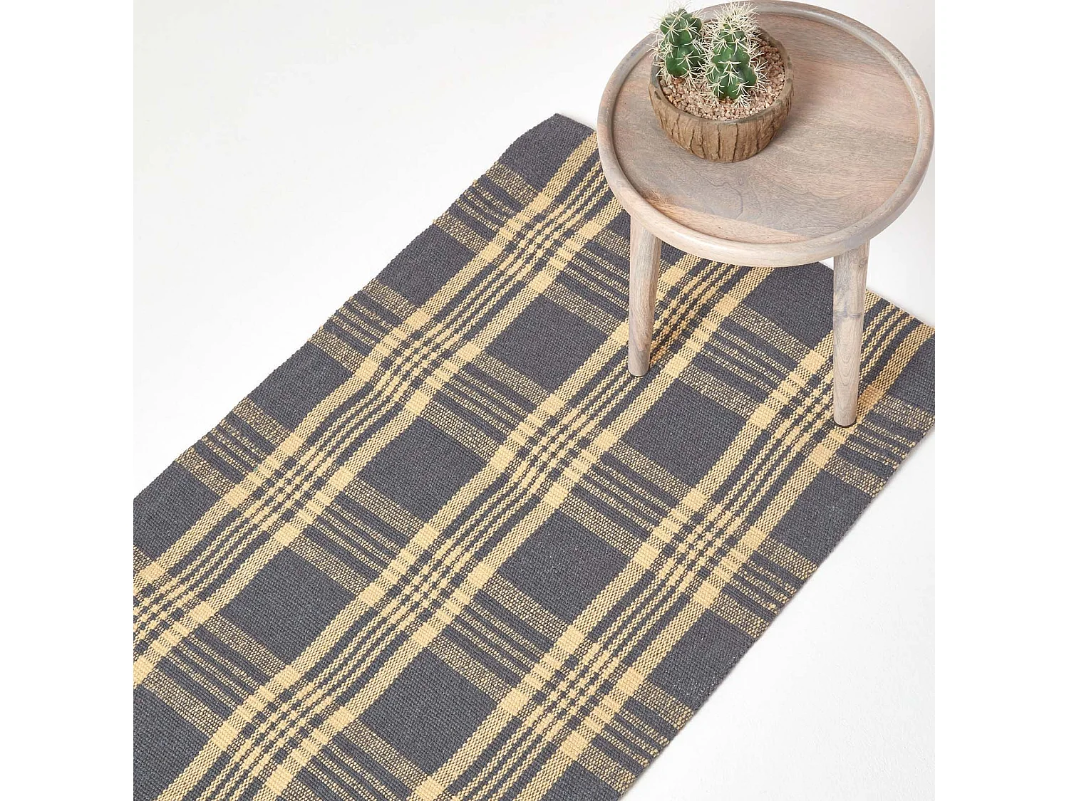 Homescapes Douglas Grey and Yellow Tartan Check Non-Slip 100% Wool Rug, 66 x 200 cm