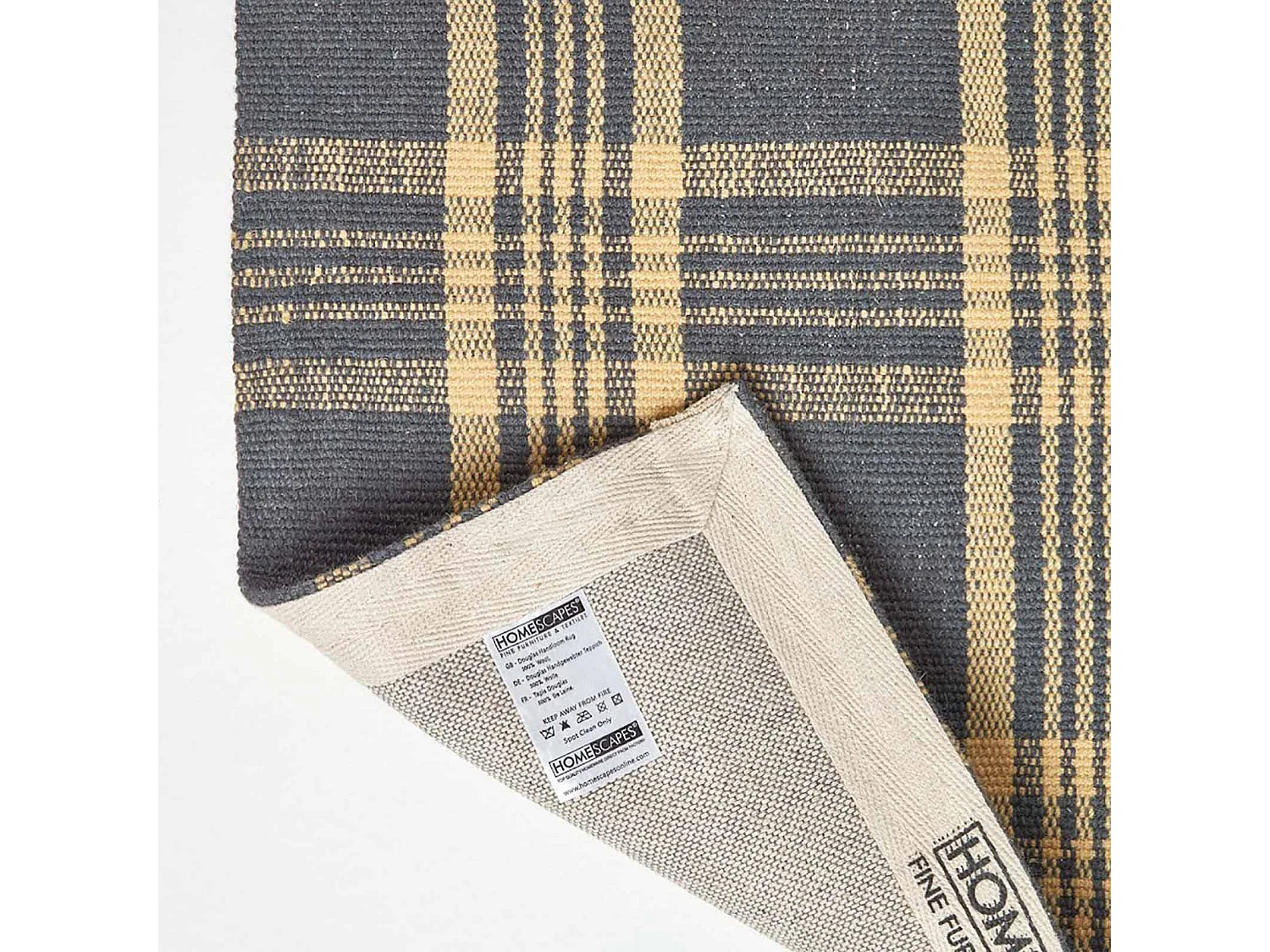 Homescapes Douglas Grey and Yellow Tartan Check Non-Slip 100% Wool Rug, 66 x 200 cm