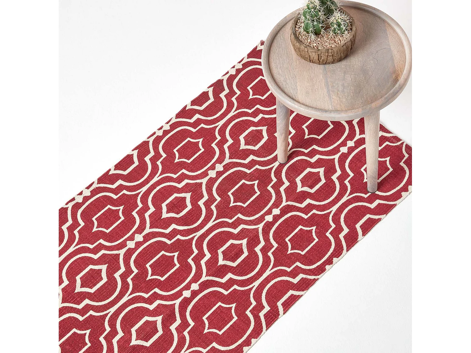 Homescapes Riga Red and White 100% Cotton Printed Patterned Rug, 66 x 200 cm