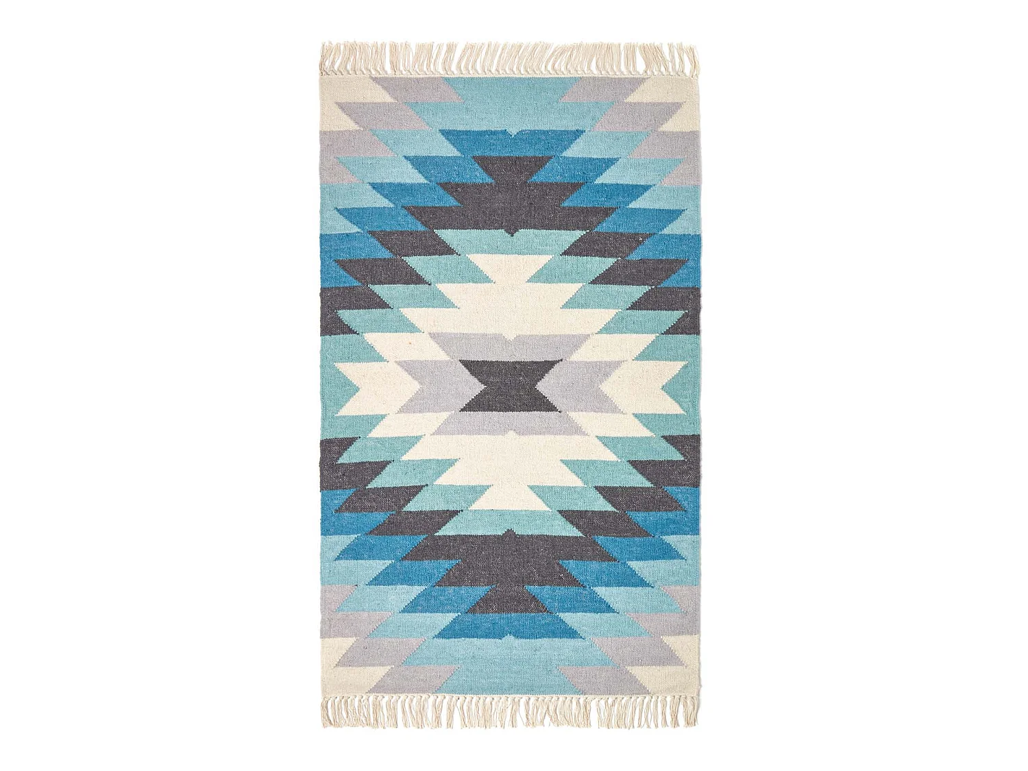 Homescapes Helsinki Handwoven Geometric Pattern Blue Grey and Cream Kilim Wool Rug, 90 x 150 cm